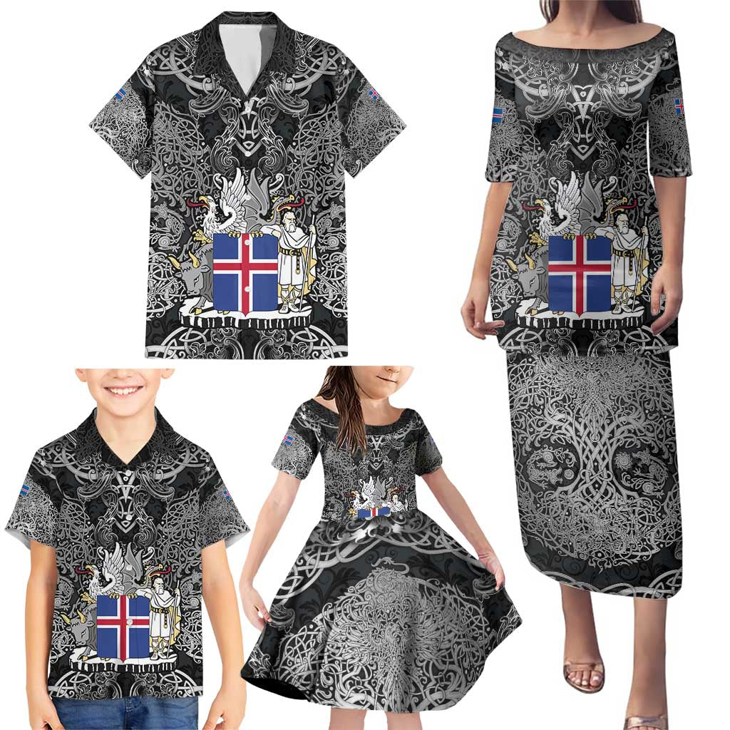 Icelandic Coat of Arms Family Matching Puletasi and Hawaiian Shirt Viking Knotwork and National Flag Design