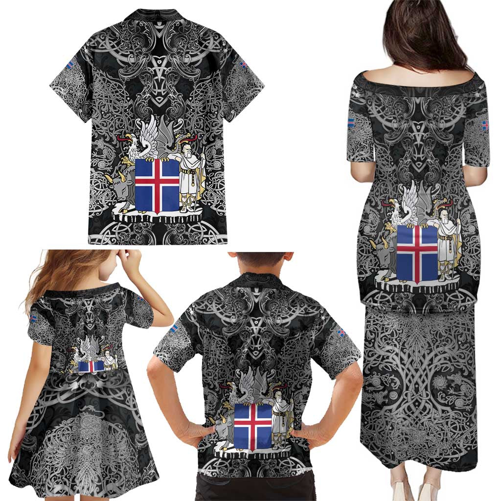 Icelandic Coat of Arms Family Matching Puletasi and Hawaiian Shirt Viking Knotwork and National Flag Design