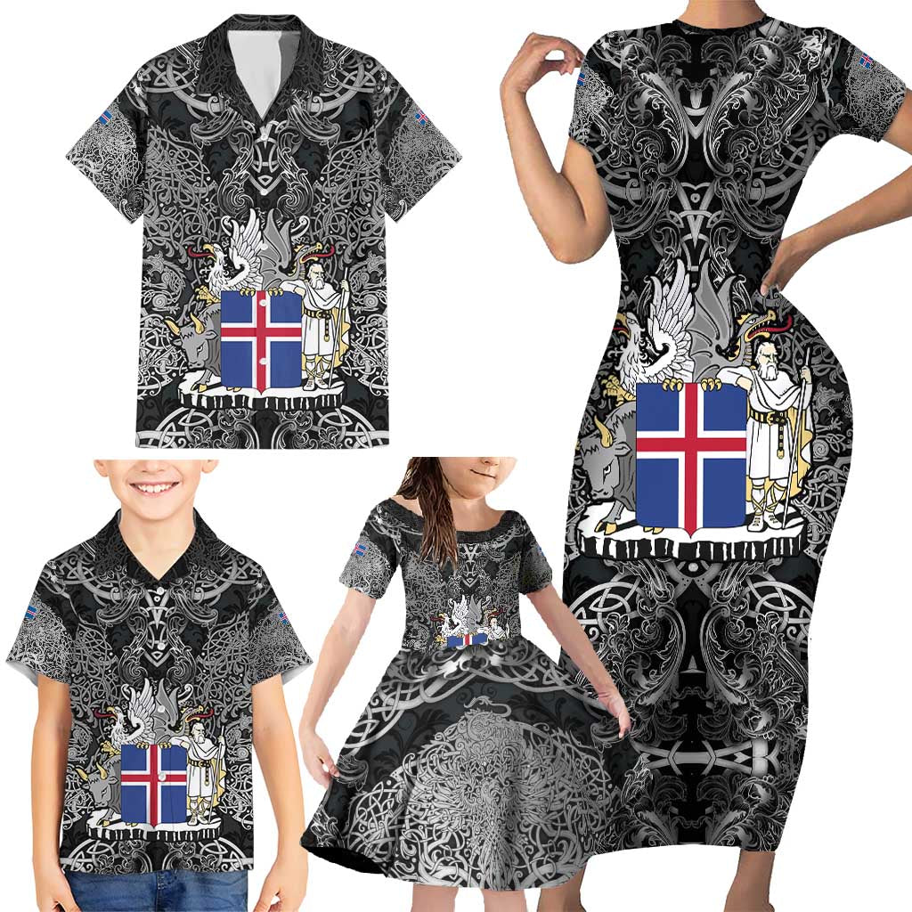 Icelandic Coat of Arms Family Matching Short Sleeve Bodycon Dress and Hawaiian Shirt Viking Knotwork and National Flag Design
