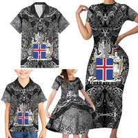 Icelandic Coat of Arms Family Matching Short Sleeve Bodycon Dress and Hawaiian Shirt Viking Knotwork and National Flag Design