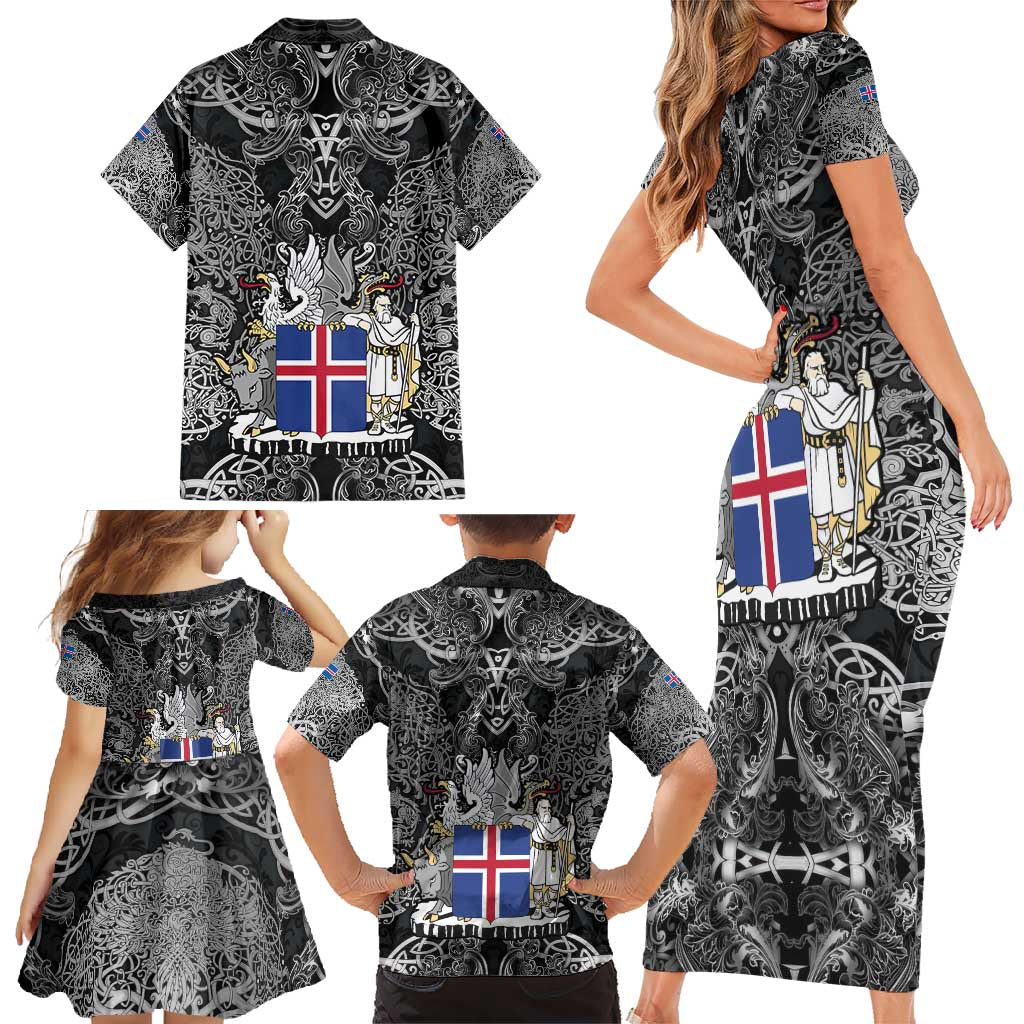 Icelandic Coat of Arms Family Matching Short Sleeve Bodycon Dress and Hawaiian Shirt Viking Knotwork and National Flag Design
