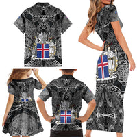 Icelandic Coat of Arms Family Matching Short Sleeve Bodycon Dress and Hawaiian Shirt Viking Knotwork and National Flag Design