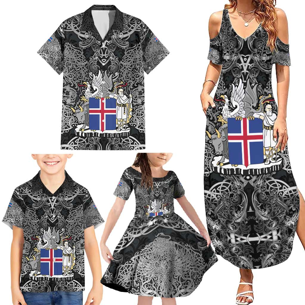 Icelandic Coat of Arms Family Matching Summer Maxi Dress and Hawaiian Shirt Viking Knotwork and National Flag Design