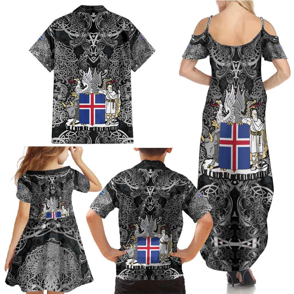 Icelandic Coat of Arms Family Matching Summer Maxi Dress and Hawaiian Shirt Viking Knotwork and National Flag Design