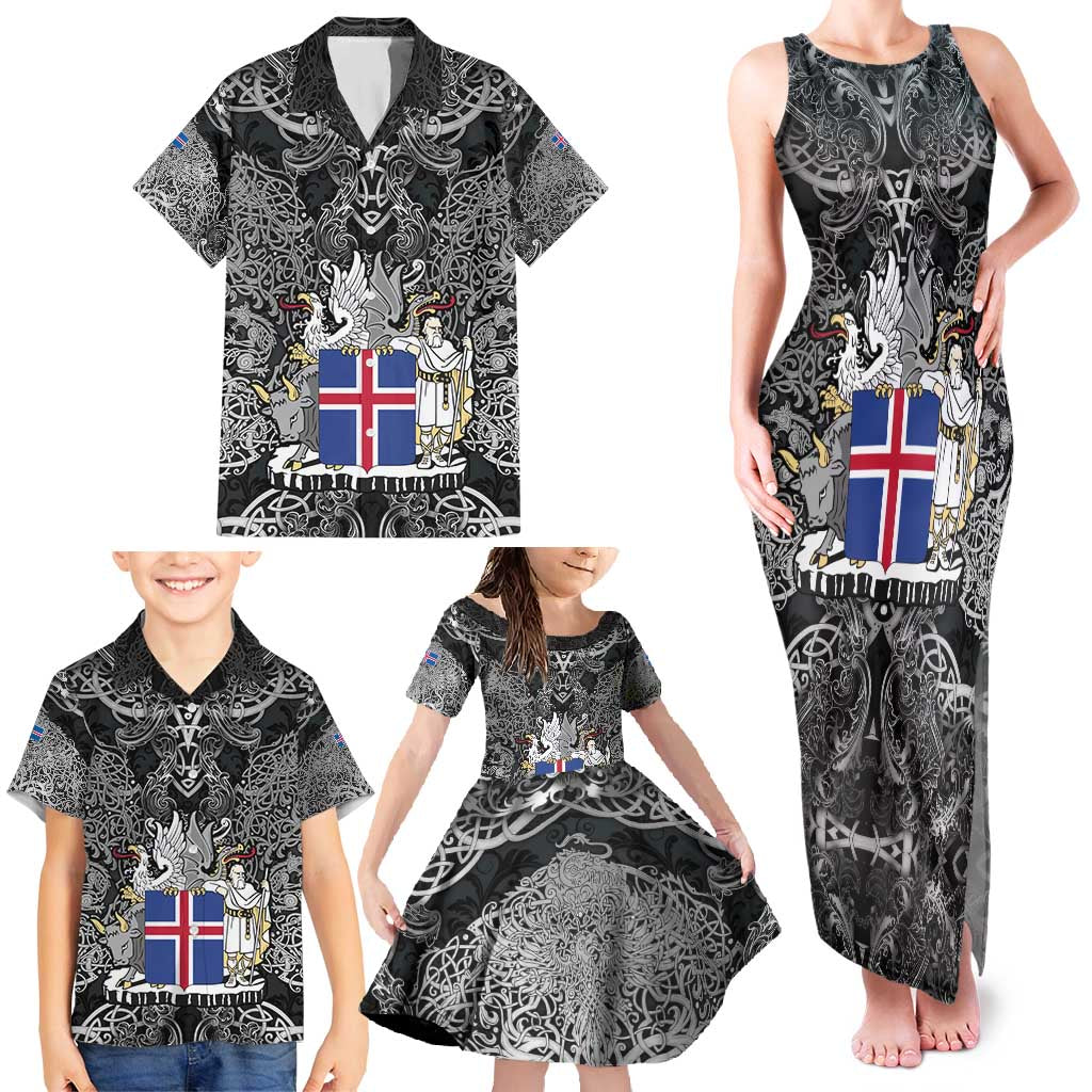 Icelandic Coat of Arms Family Matching Tank Maxi Dress and Hawaiian Shirt Viking Knotwork and National Flag Design