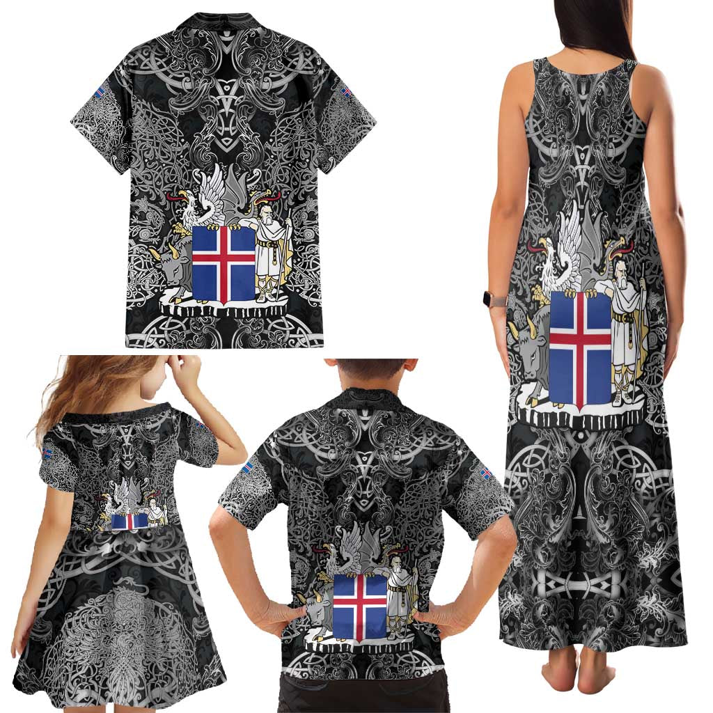 Icelandic Coat of Arms Family Matching Tank Maxi Dress and Hawaiian Shirt Viking Knotwork and National Flag Design