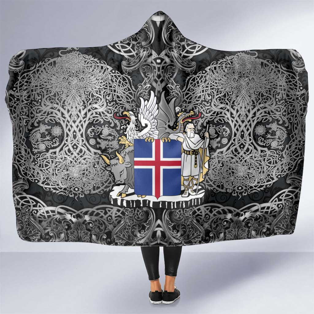 Icelandic Coat of Arms Hooded Blanket Viking Knotwork and National Flag Design
