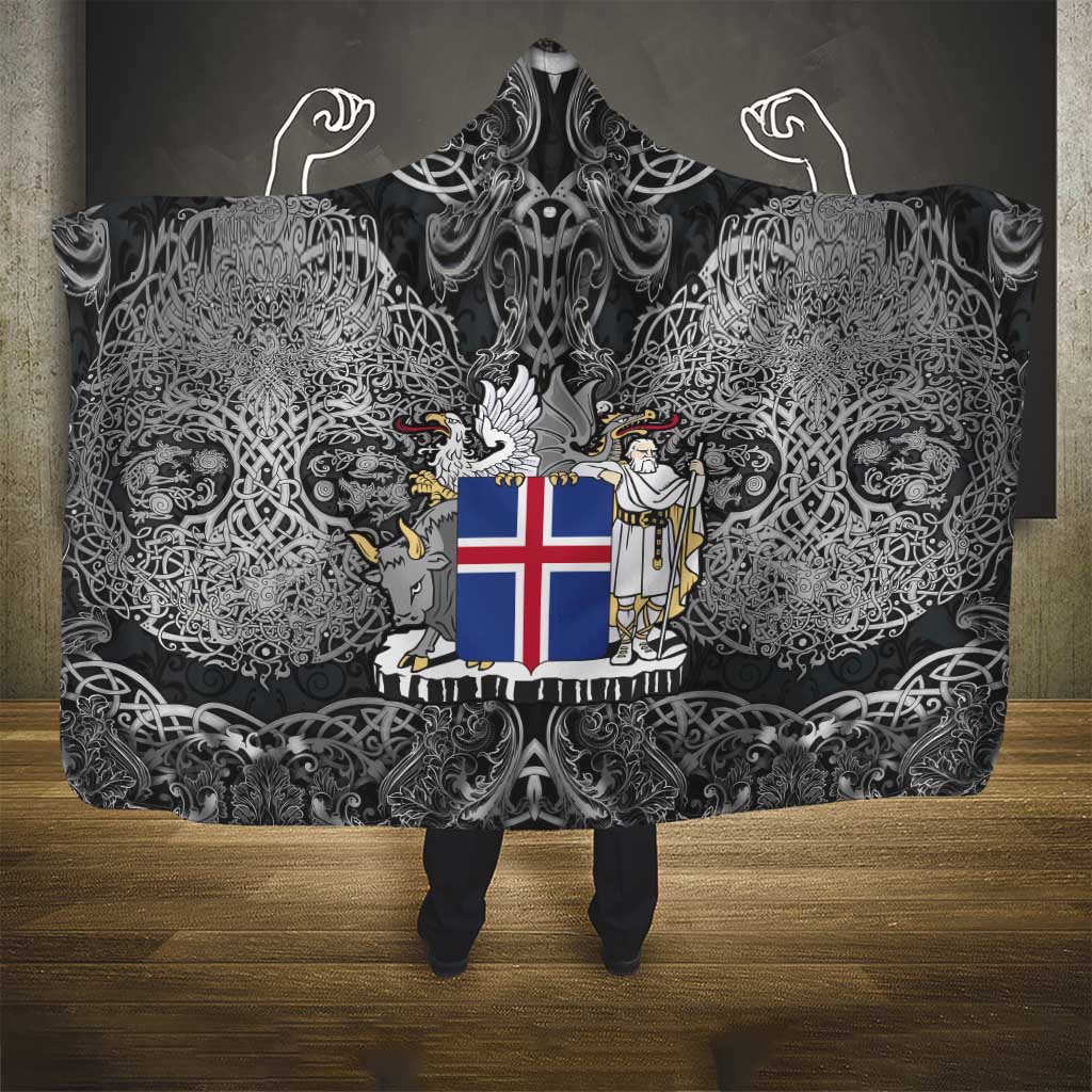 Icelandic Coat of Arms Hooded Blanket Viking Knotwork and National Flag Design