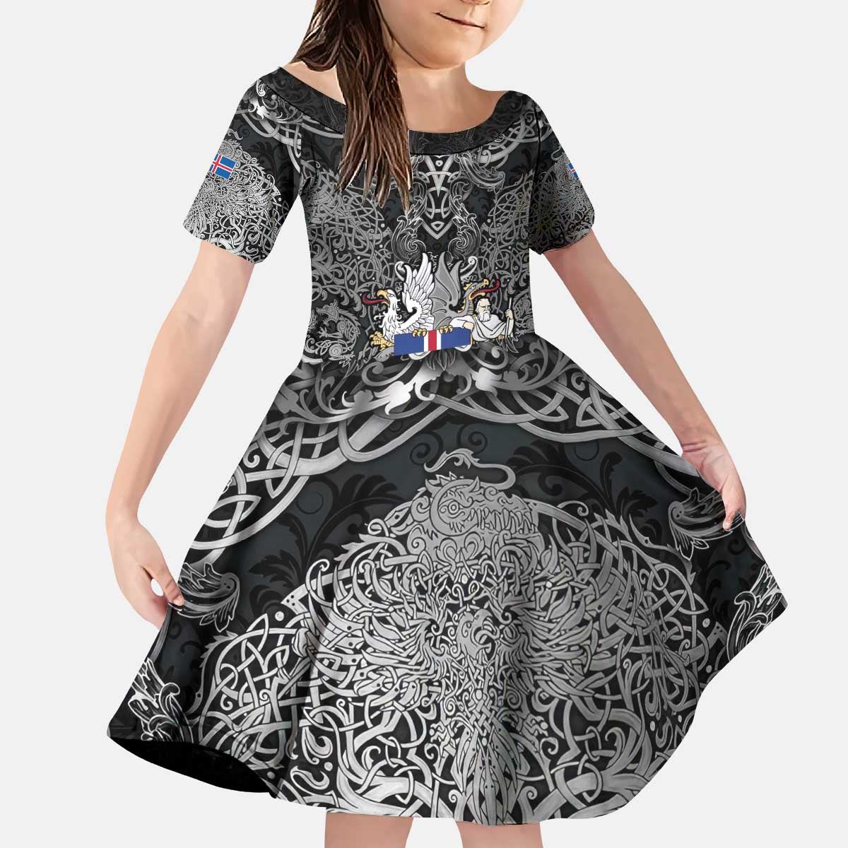 Icelandic Coat of Arms Kid Short Sleeve Dress Viking Knotwork and National Flag Design