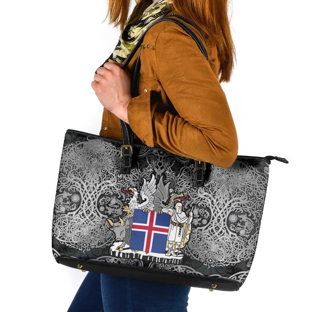 Icelandic Coat of Arms Leather Tote Bag Viking Knotwork and National Flag Design