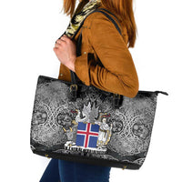 Icelandic Coat of Arms Leather Tote Bag Viking Knotwork and National Flag Design