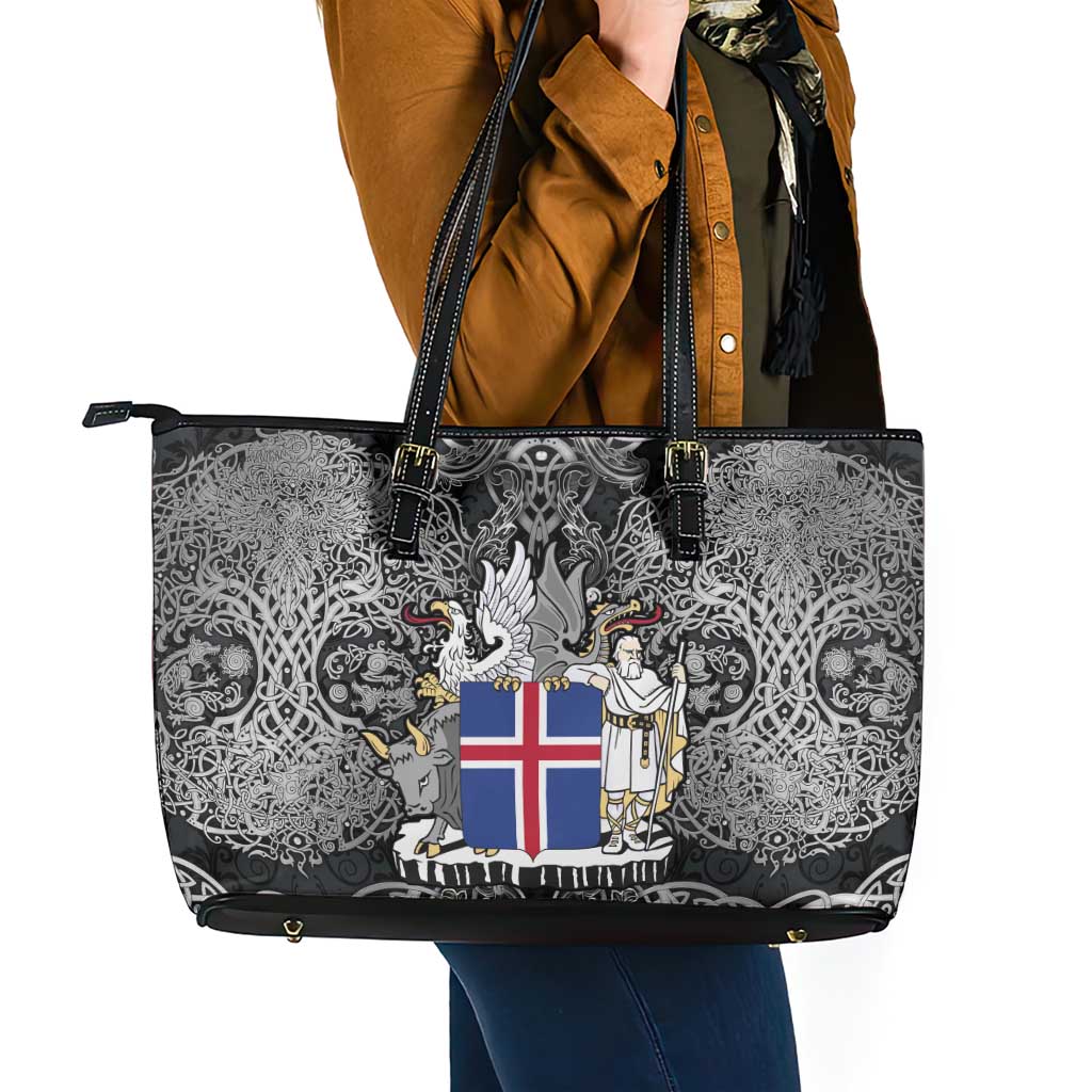 Icelandic Coat of Arms Leather Tote Bag Viking Knotwork and National Flag Design