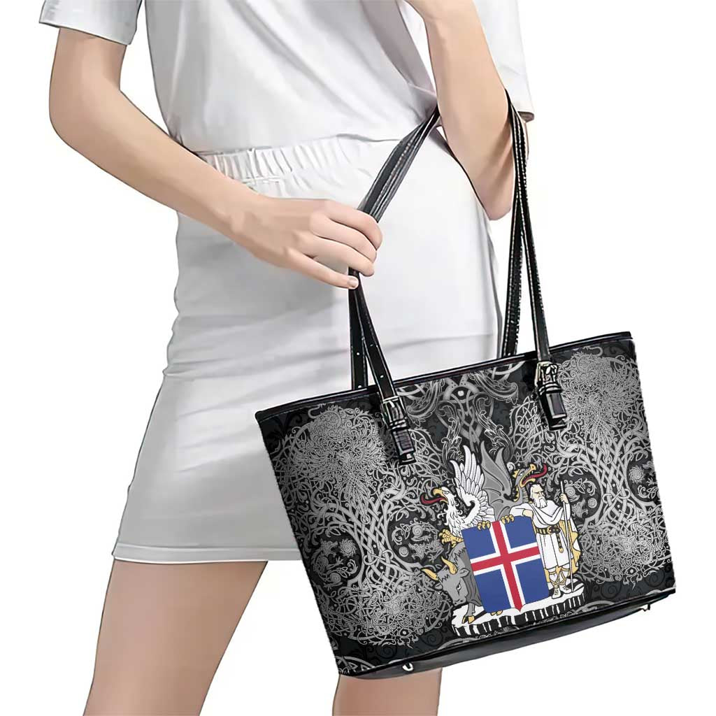 Icelandic Coat of Arms Leather Tote Bag Viking Knotwork and National Flag Design
