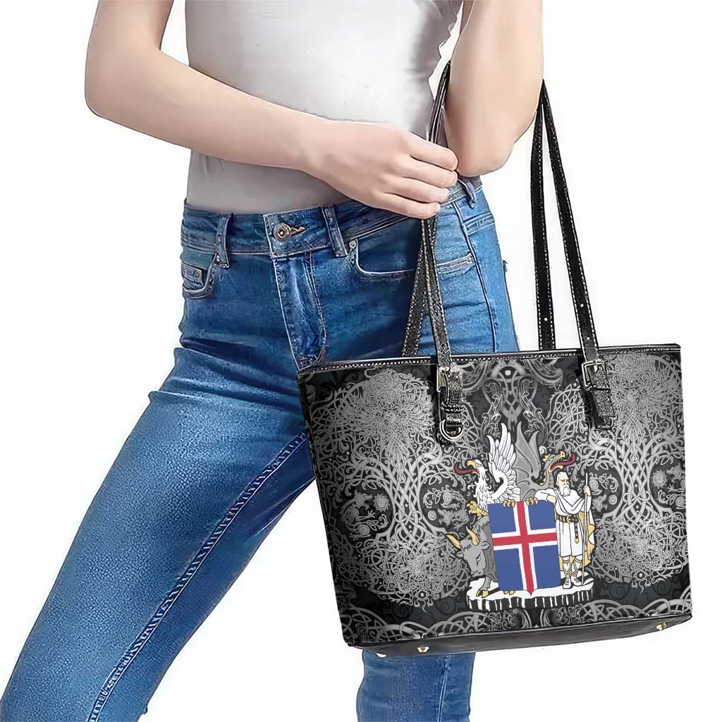 Icelandic Coat of Arms Leather Tote Bag Viking Knotwork and National Flag Design