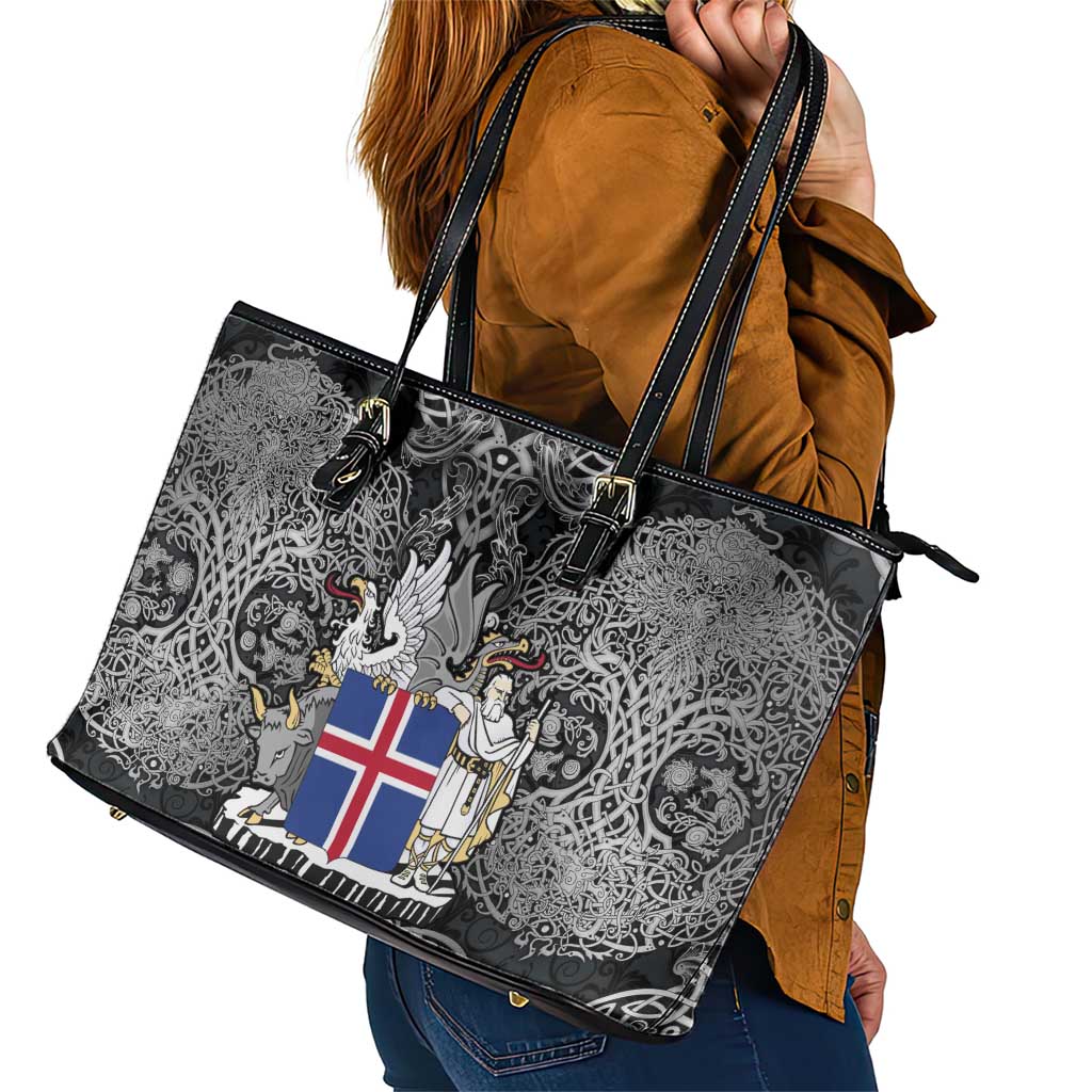 Icelandic Coat of Arms Leather Tote Bag Viking Knotwork and National Flag Design