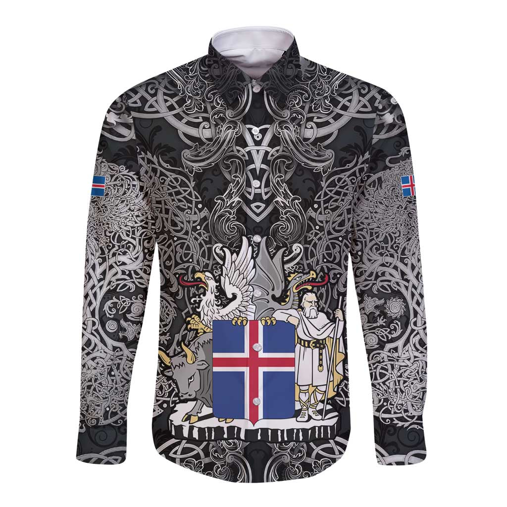 Icelandic Coat of Arms Long Sleeve Button Shirt Viking Knotwork and National Flag Design