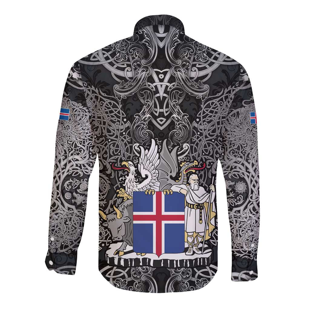 Icelandic Coat of Arms Long Sleeve Button Shirt Viking Knotwork and National Flag Design