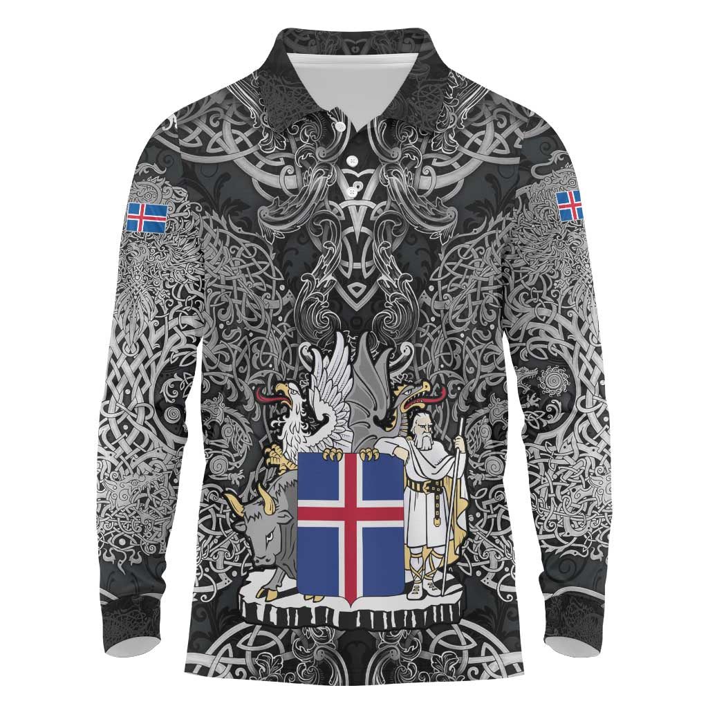 Icelandic Coat of Arms Long Sleeve Polo Shirt Viking Knotwork and National Flag Design