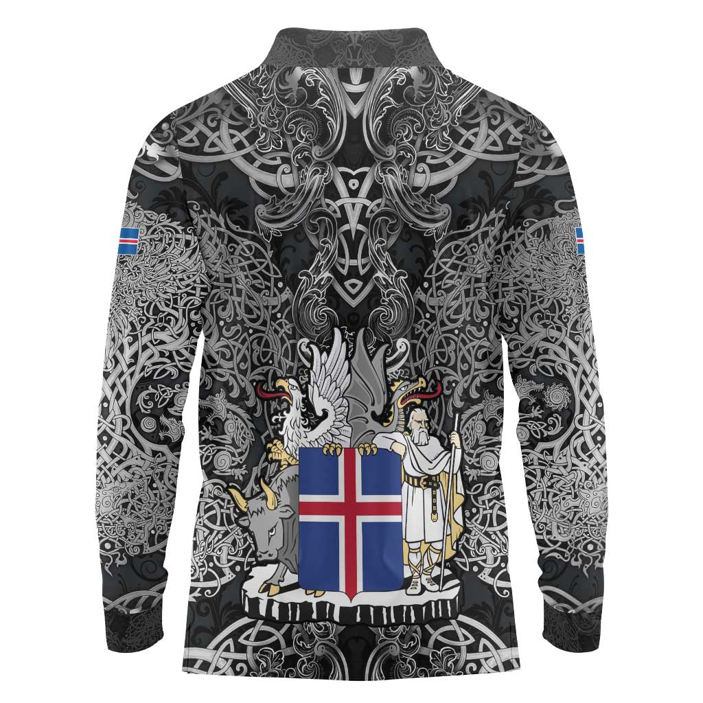 Icelandic Coat of Arms Long Sleeve Polo Shirt Viking Knotwork and National Flag Design