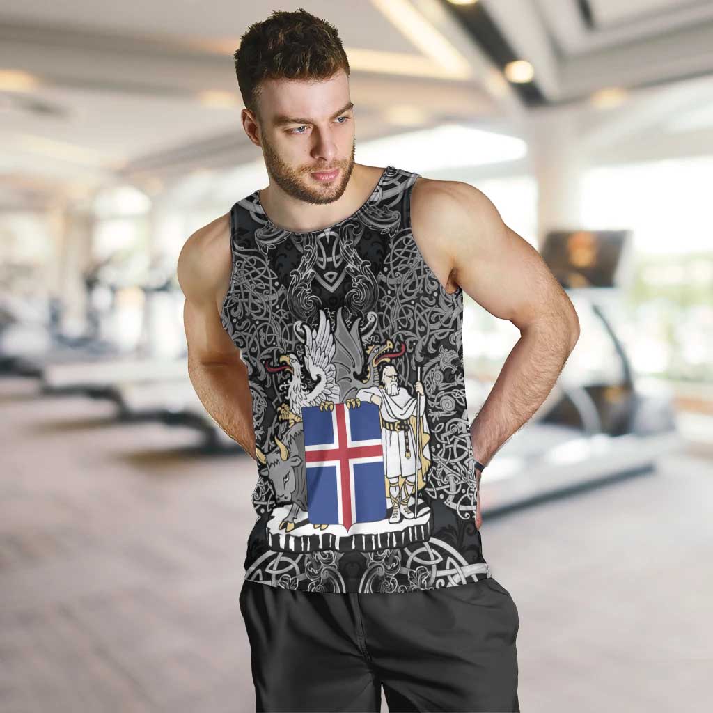 Icelandic Coat of Arms Men Tank Top Viking Knotwork and National Flag Design