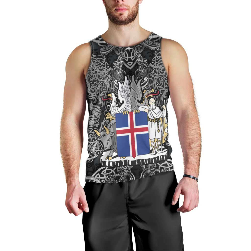 Icelandic Coat of Arms Men Tank Top Viking Knotwork and National Flag Design