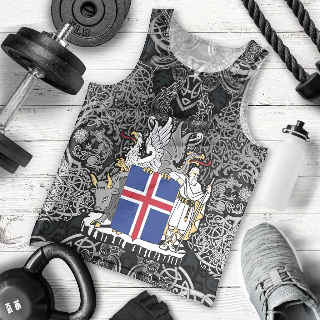 Icelandic Coat of Arms Men Tank Top Viking Knotwork and National Flag Design