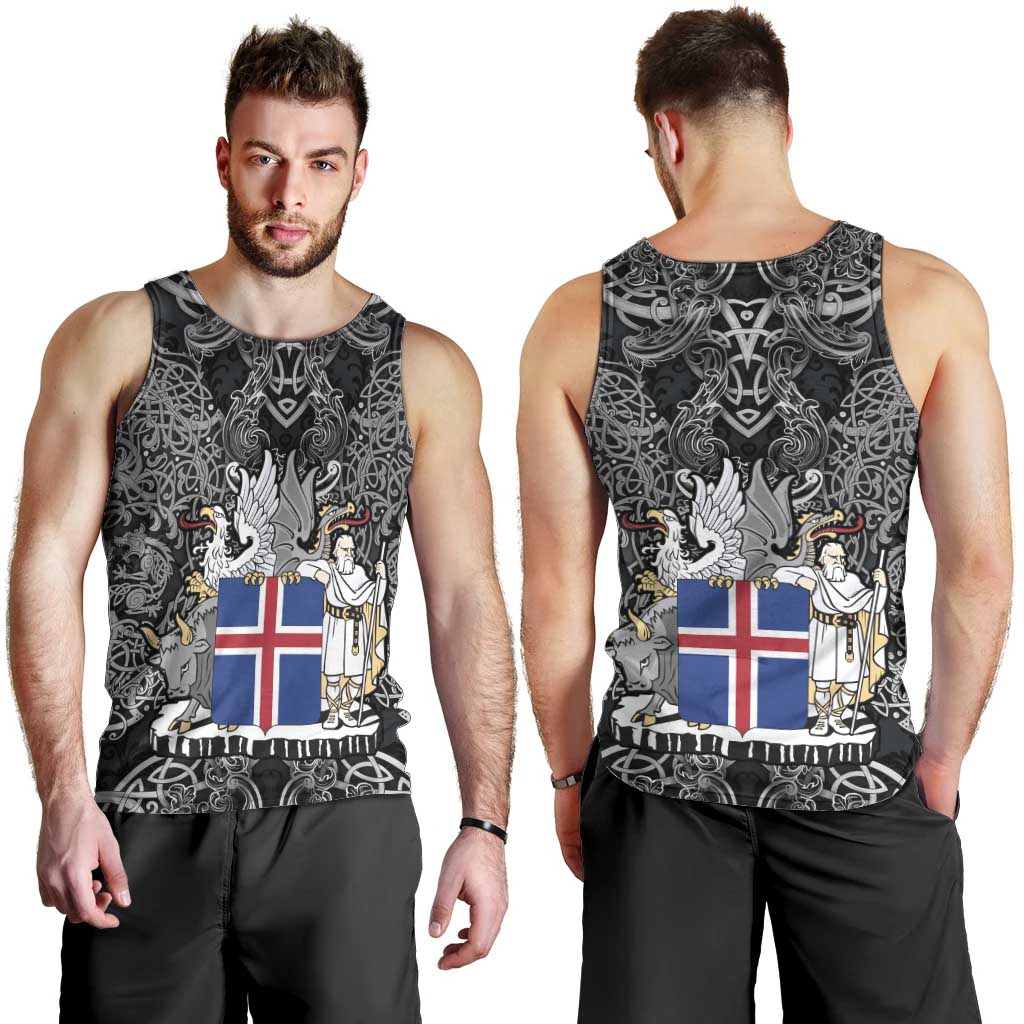 Icelandic Coat of Arms Men Tank Top Viking Knotwork and National Flag Design