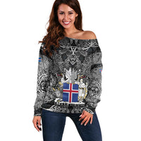 Icelandic Coat of Arms Off Shoulder Sweater Viking Knotwork and National Flag Design