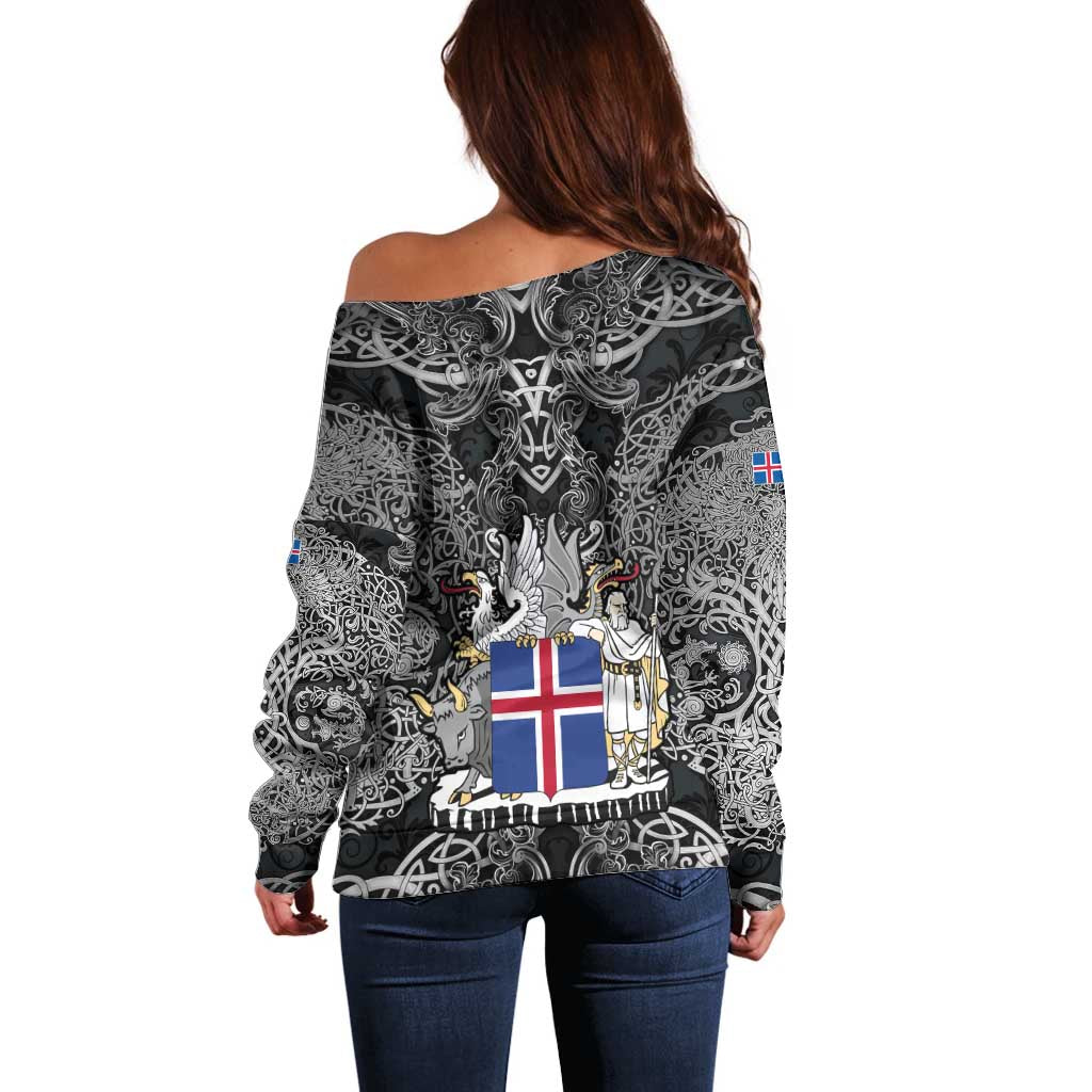 Icelandic Coat of Arms Off Shoulder Sweater Viking Knotwork and National Flag Design