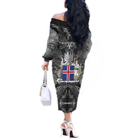 Icelandic Coat of Arms Off The Shoulder Long Sleeve Dress Viking Knotwork and National Flag Design