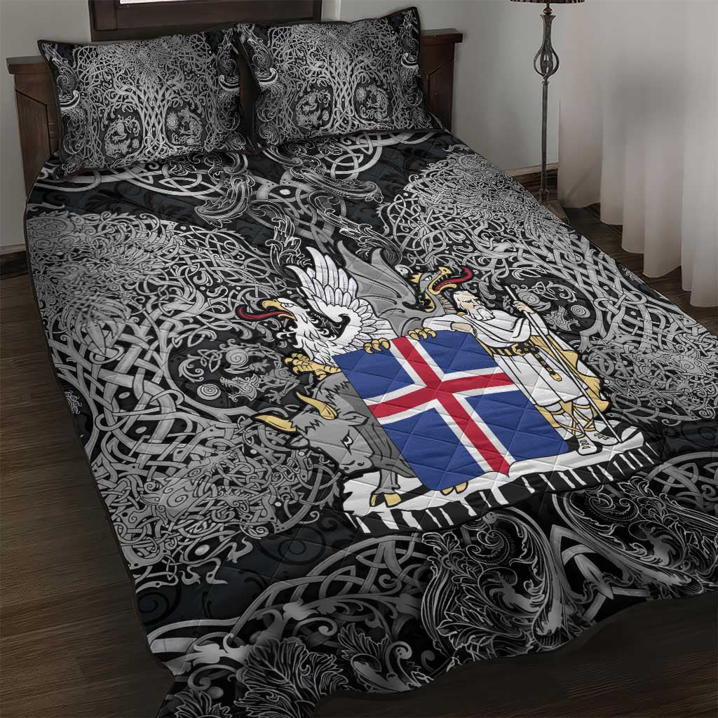 Icelandic Coat of Arms Quilt Bed Set Viking Knotwork and National Flag Design