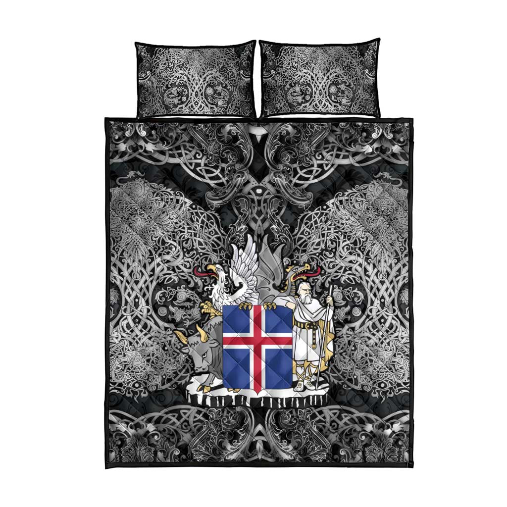 Icelandic Coat of Arms Quilt Bed Set Viking Knotwork and National Flag Design