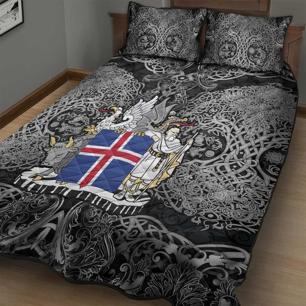 Icelandic Coat of Arms Quilt Bed Set Viking Knotwork and National Flag Design