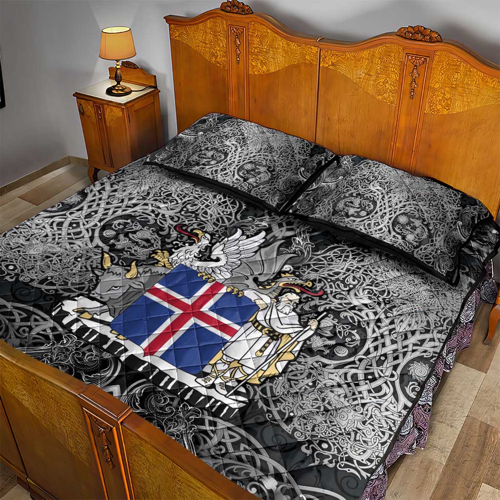 Icelandic Coat of Arms Quilt Bed Set Viking Knotwork and National Flag Design