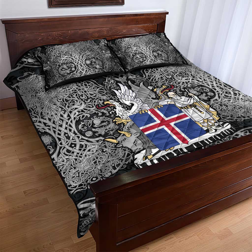Icelandic Coat of Arms Quilt Bed Set Viking Knotwork and National Flag Design