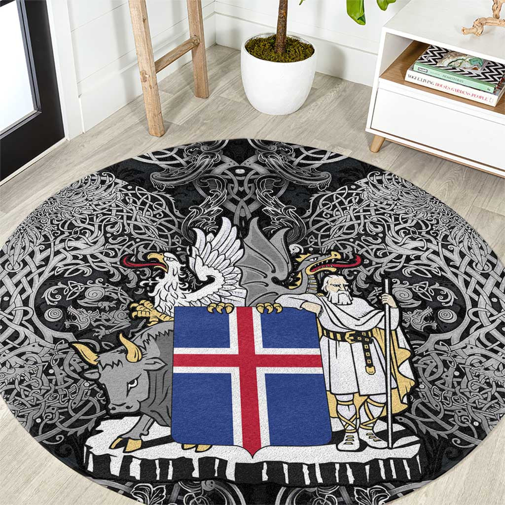 Icelandic Coat of Arms Round Carpet Viking Knotwork and National Flag Design