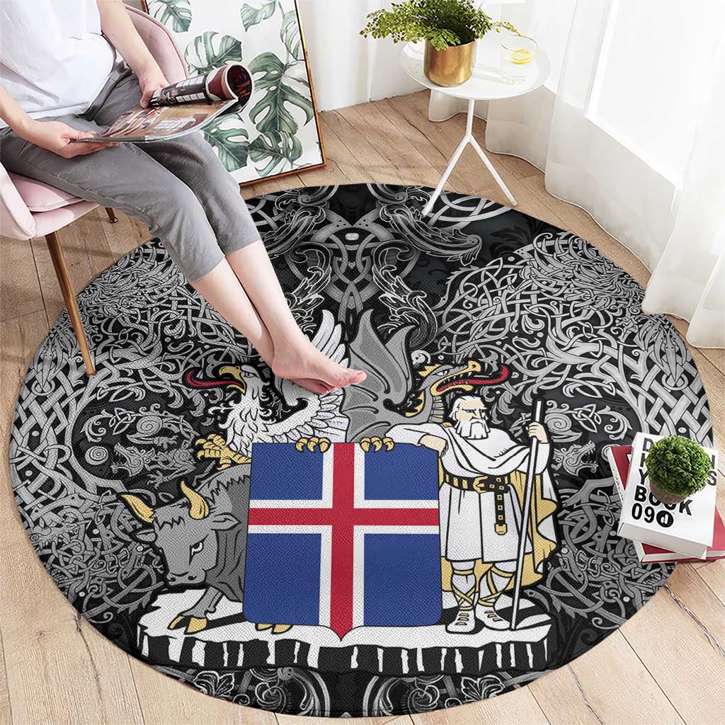 Icelandic Coat of Arms Round Carpet Viking Knotwork and National Flag Design