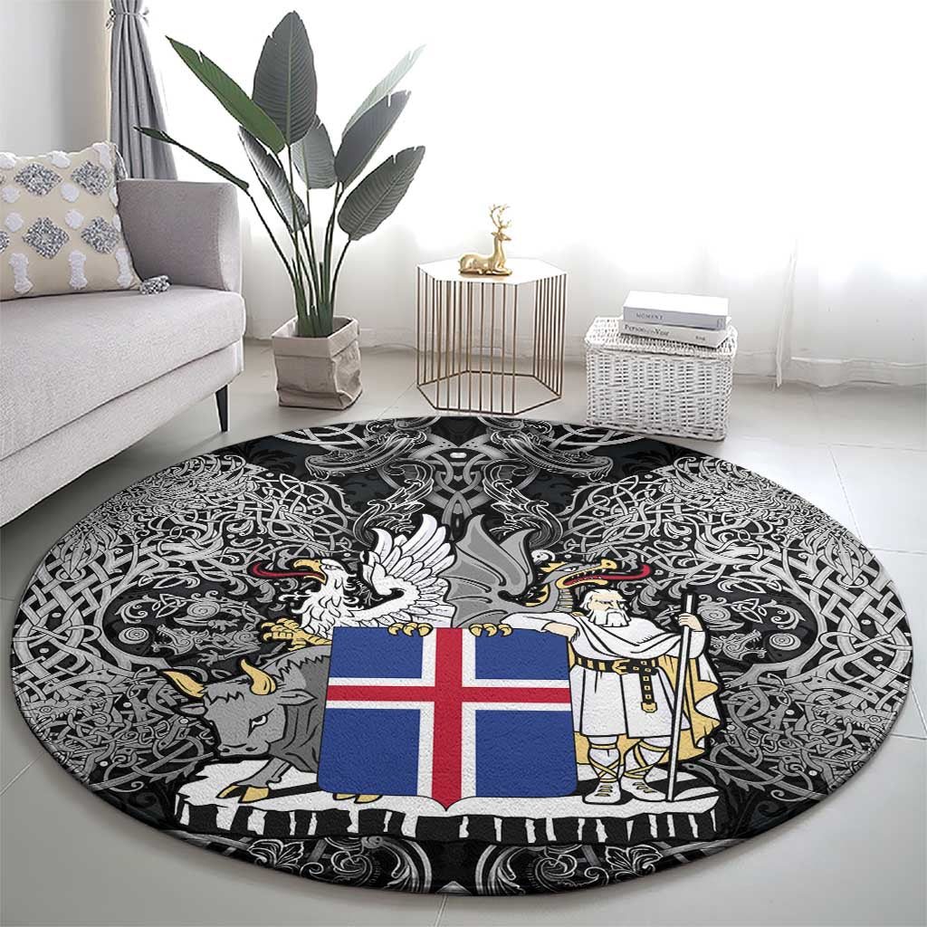 Icelandic Coat of Arms Round Carpet Viking Knotwork and National Flag Design
