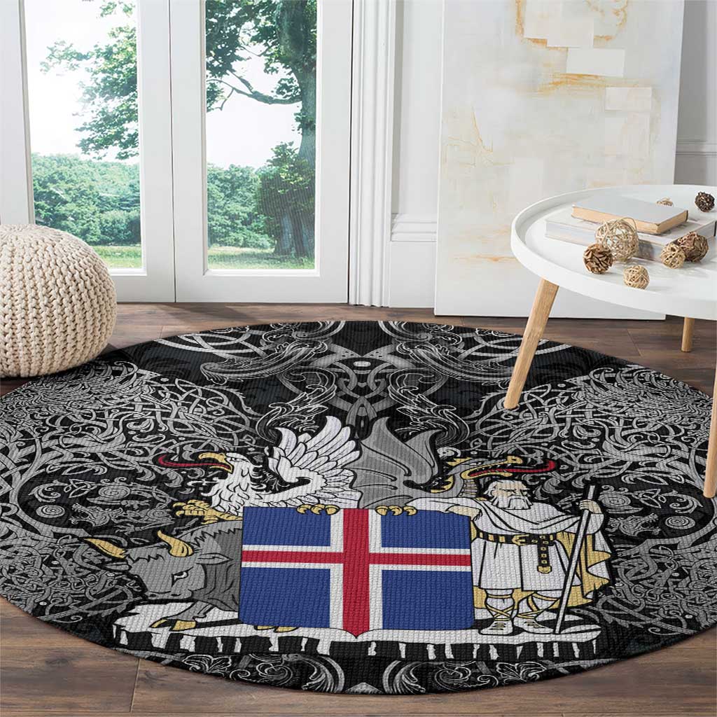 Icelandic Coat of Arms Round Carpet Viking Knotwork and National Flag Design