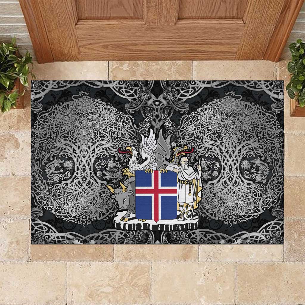 Icelandic Coat of Arms Rubber Doormat Viking Knotwork and National Flag Design