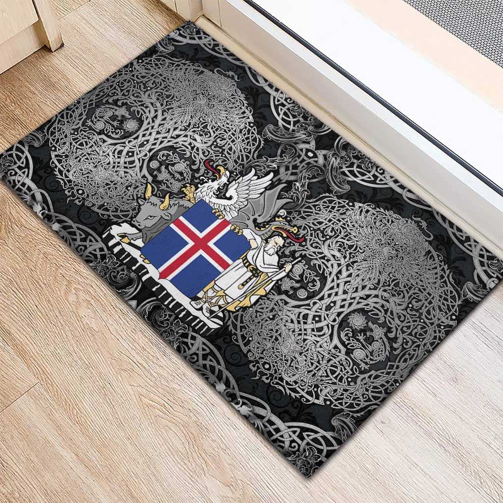 Icelandic Coat of Arms Rubber Doormat Viking Knotwork and National Flag Design