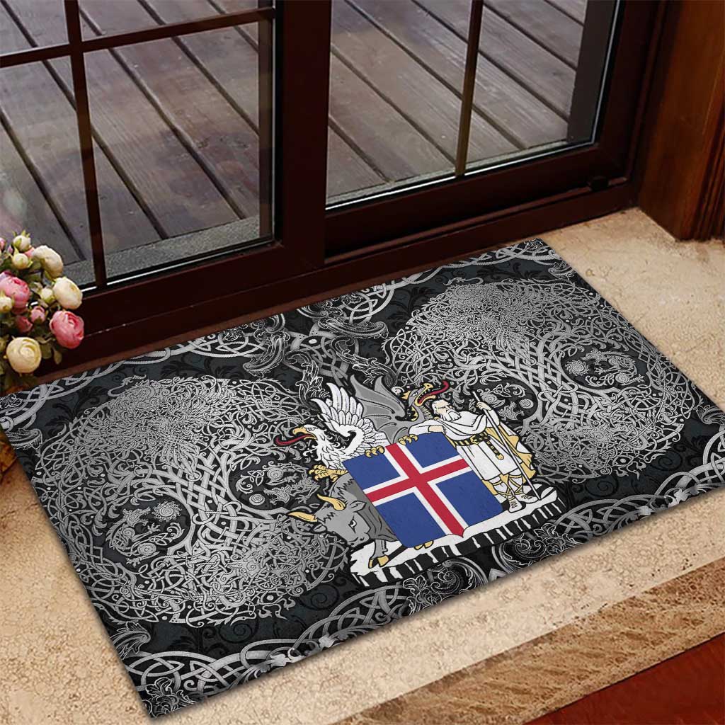 Icelandic Coat of Arms Rubber Doormat Viking Knotwork and National Flag Design