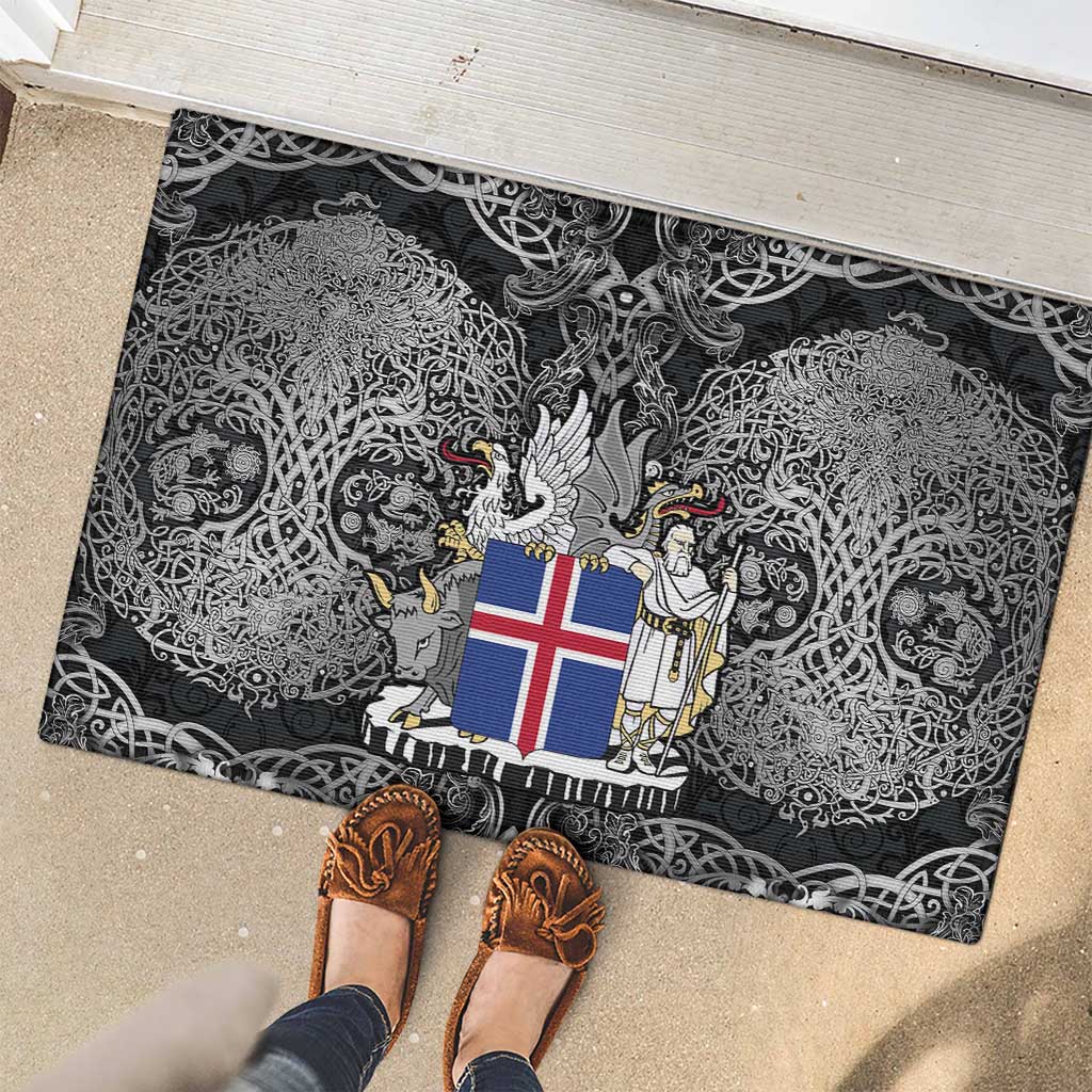 Icelandic Coat of Arms Rubber Doormat Viking Knotwork and National Flag Design