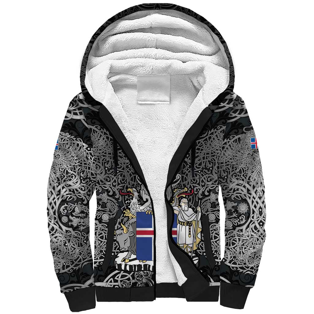 Icelandic Coat of Arms Sherpa Hoodie Viking Knotwork and National Flag Design