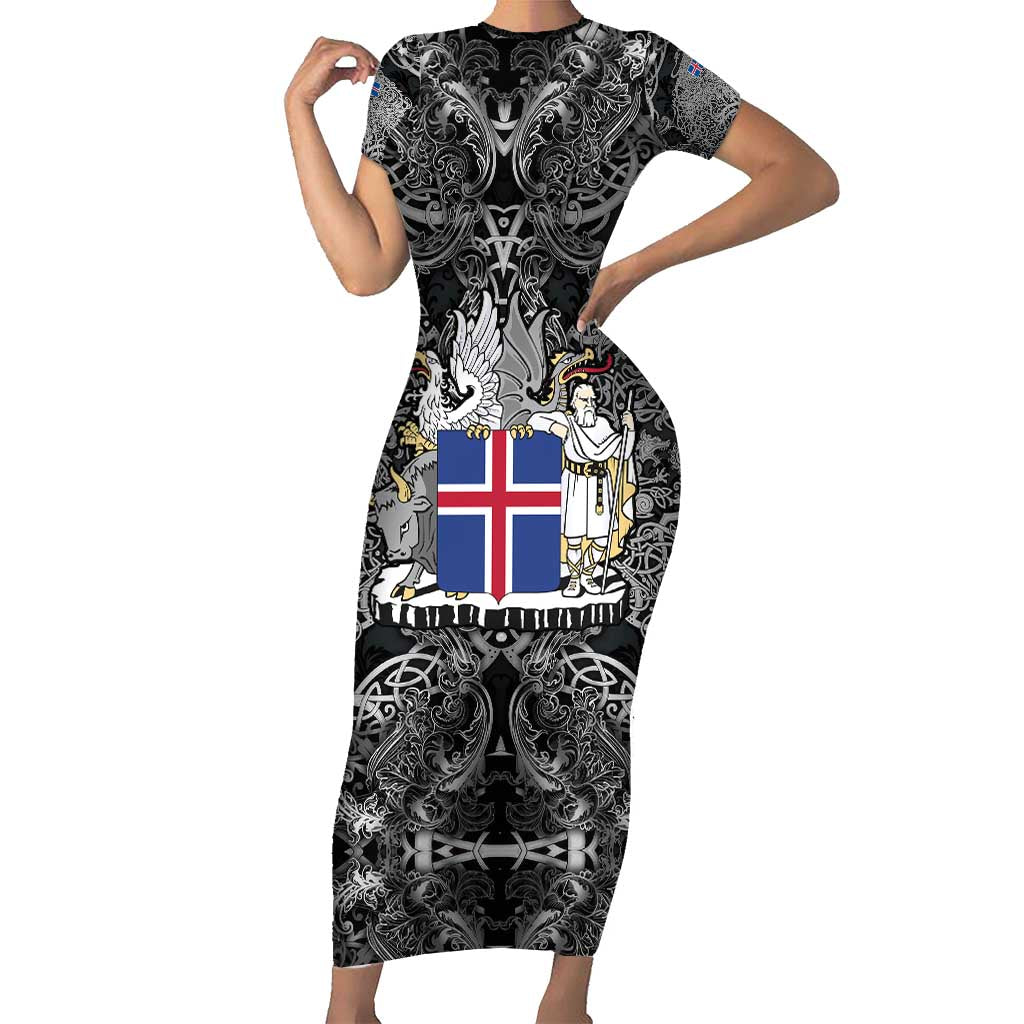 Icelandic Coat of Arms Short Sleeve Bodycon Dress Viking Knotwork and National Flag Design