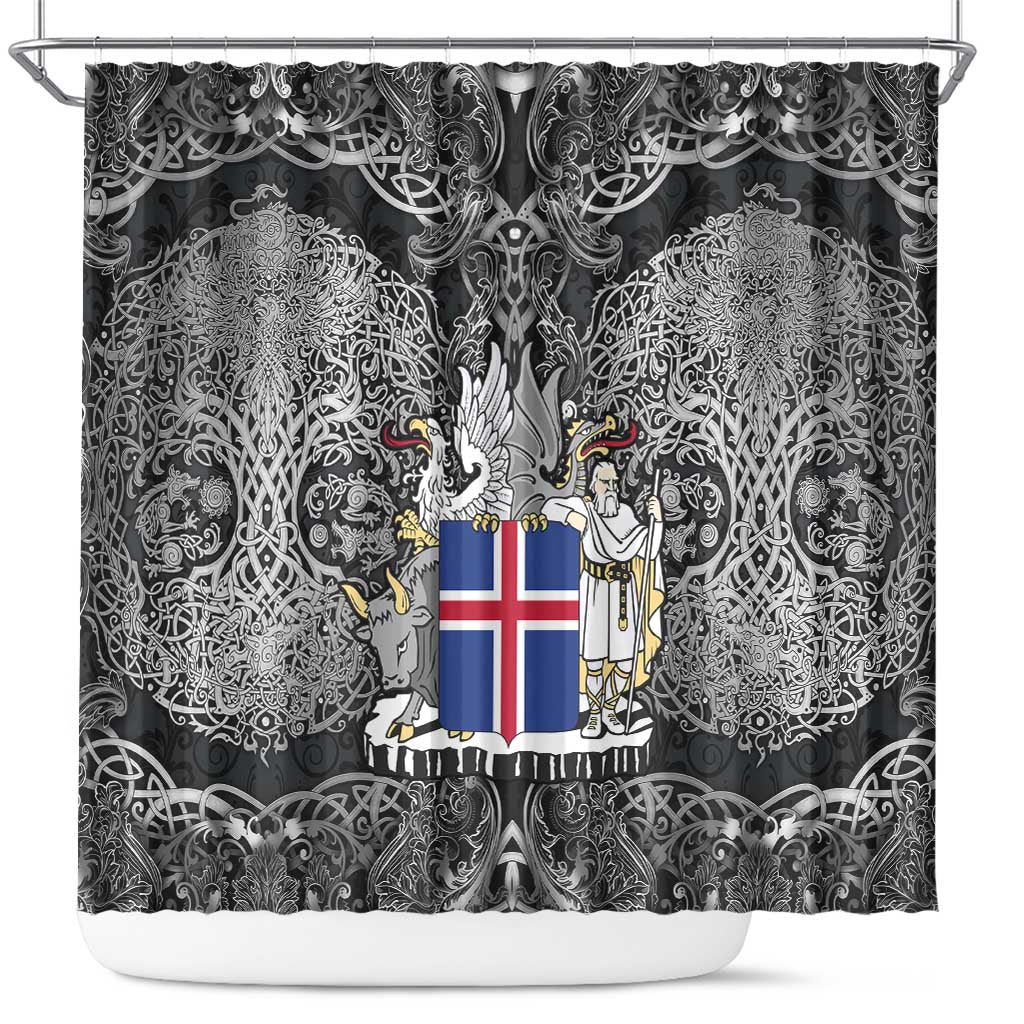 Icelandic Coat of Arms Shower Curtain Viking Knotwork and National Flag Design