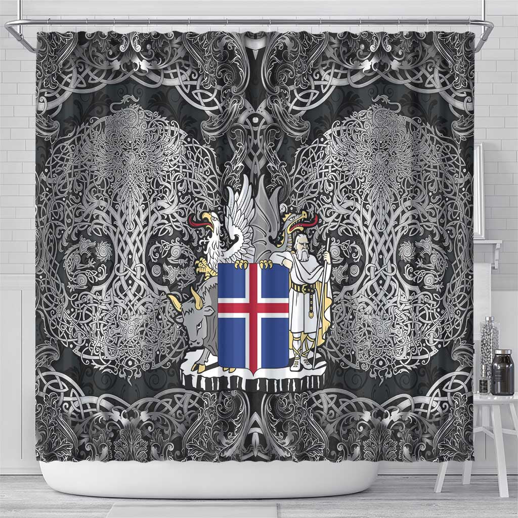 Icelandic Coat of Arms Shower Curtain Viking Knotwork and National Flag Design