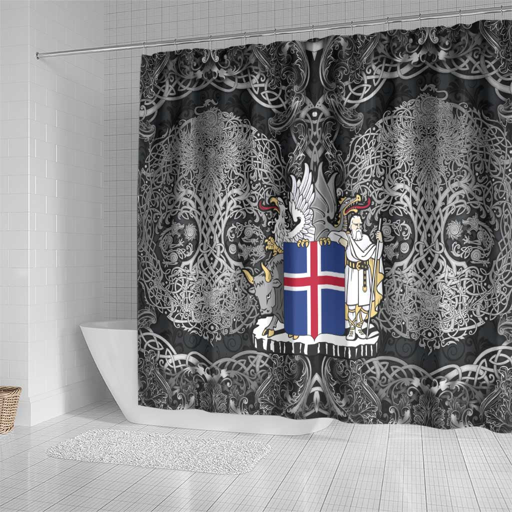 Icelandic Coat of Arms Shower Curtain Viking Knotwork and National Flag Design