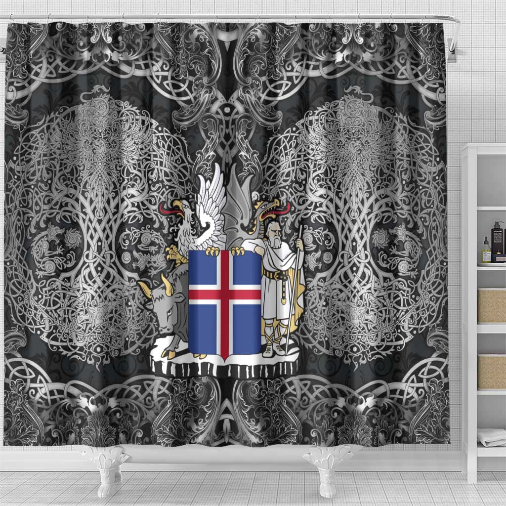 Icelandic Coat of Arms Shower Curtain Viking Knotwork and National Flag Design