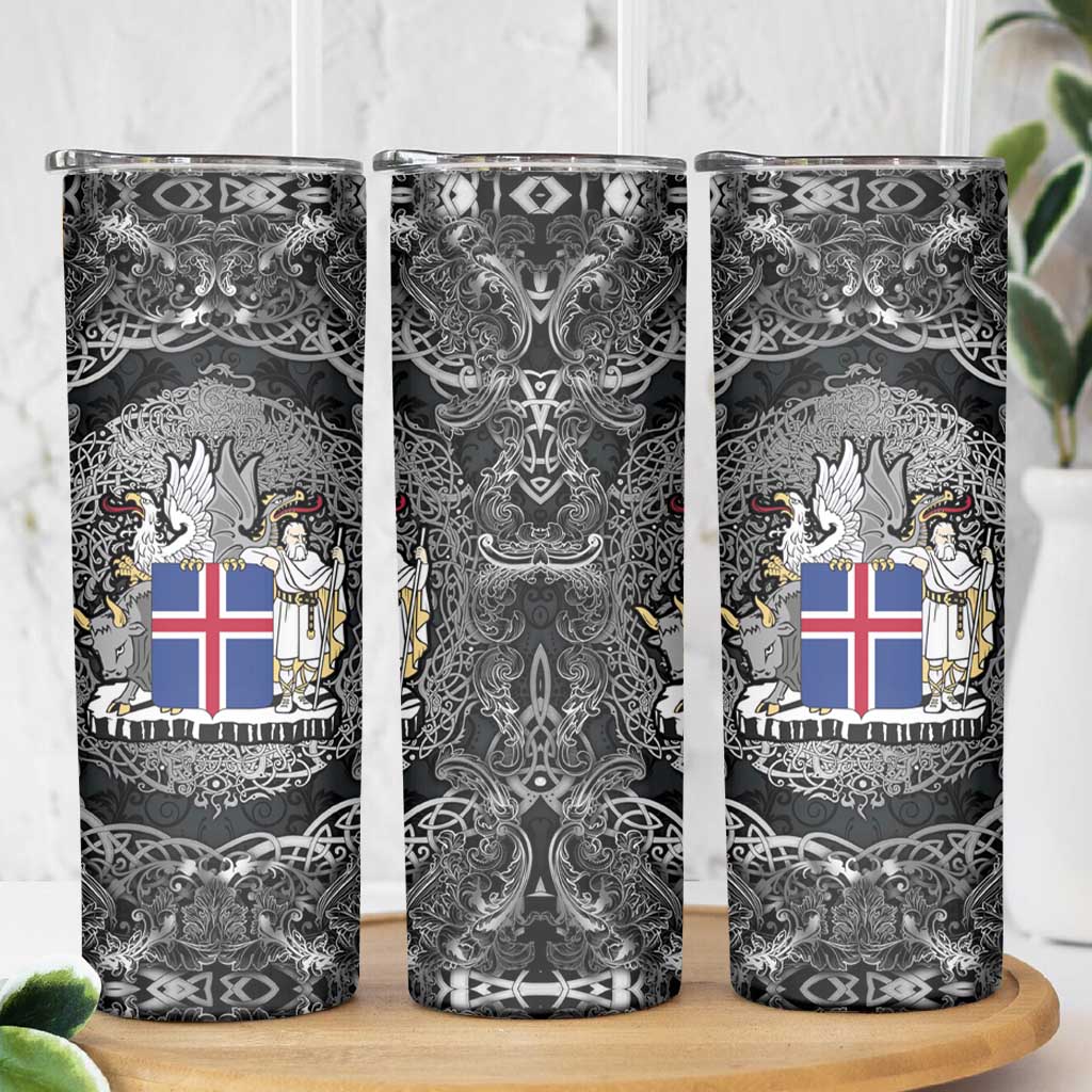 Icelandic Coat of Arms Skinny Tumbler Viking Knotwork and National Flag Design